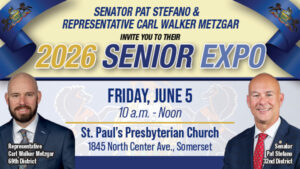 Senior Expo post card image with Sen. Pat Stefano and Rep. Carl Walker Metzgar images in the bottom corners.
