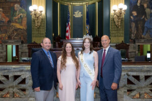 Sen. Stefano stands on PA Senate floor with 2025 Pennsylvania Bituminous Coal Queen, Emma Mihalko and her parents Paul and Casey Mihalko.