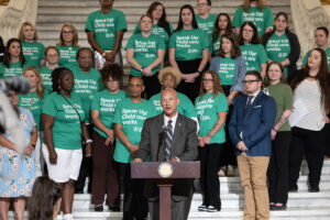 Senator Pat Stefano speaks at a press conference in Harrisburg in front of early childhood education workforce supporters.