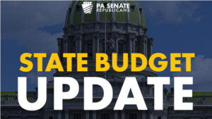 Text reading State Budget Update over image of the PA Capitol dome